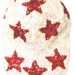 White Sequin Cap, Red Star Pattern, Sparkle Baseball Style, Unisex Festival Party Accessory