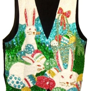 Vintage Sequin Beaded Bunny Vest, Easter Statement Top, Sparkly Novelty Clothing 2X