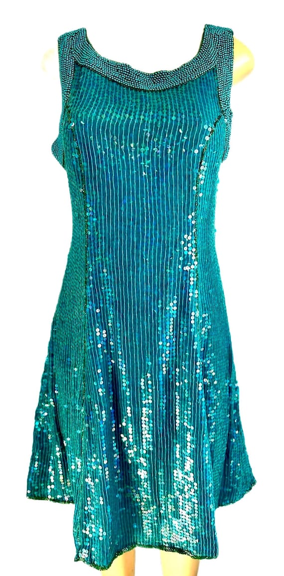 Teal Sequin Dress Mesh Shimmer Midi, Hand Beaded Dress, Elegant Evening Look, Holiday Party Look, Date Night Dress