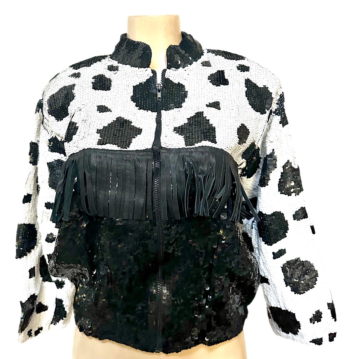 Sequin Bomber Jacket Cow/dalmatian With Fringes - Etsy