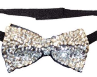Sequin Bow Tie Silver: Themed Party Tie, Costume Party Accessory