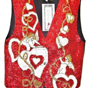 Sequin Beaded Vest Adult Unisex: Handcrafted Sweethearts Design, Black White Red, Vintage Style