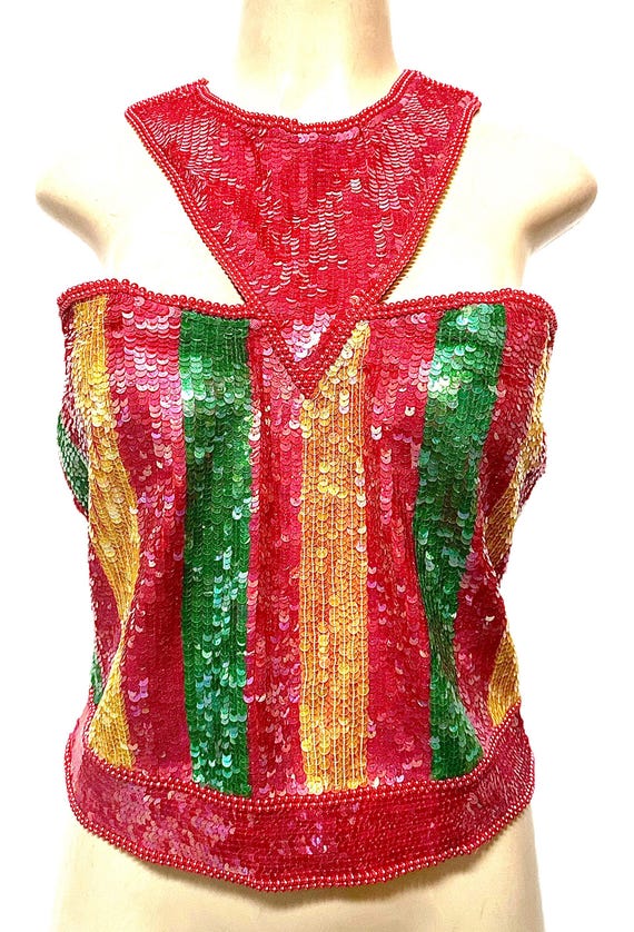 Sequin Top Red Multi-Color Size M: Shimmering Sho… - image 2