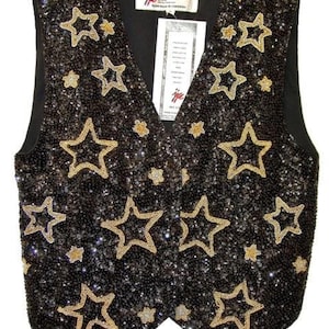 Sequin Beaded Vest Starry Nights: Black Silver Mesh, Adult Unisex Sizes, Hand Embellished
