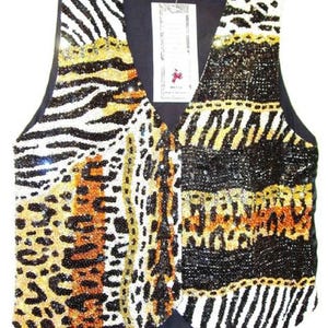 Pailletten-Rave-Weste, Festival-Top mit Tiermuster, geometrisches Pailletten-Dschungel-Layering, funkelnde Rave-Weste, Vegas-Party-Paillettenweste