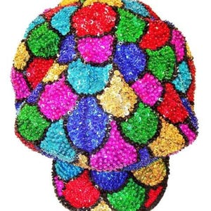 Sequin Beaded Brando Cap: Iridescent Mosaic Shell Design, Adjustable Black Lined, Shimmer Festival Headwear