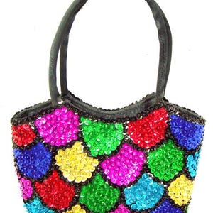 Sequin Beaded Purse with Short Wrist Handle Mosaic Shell