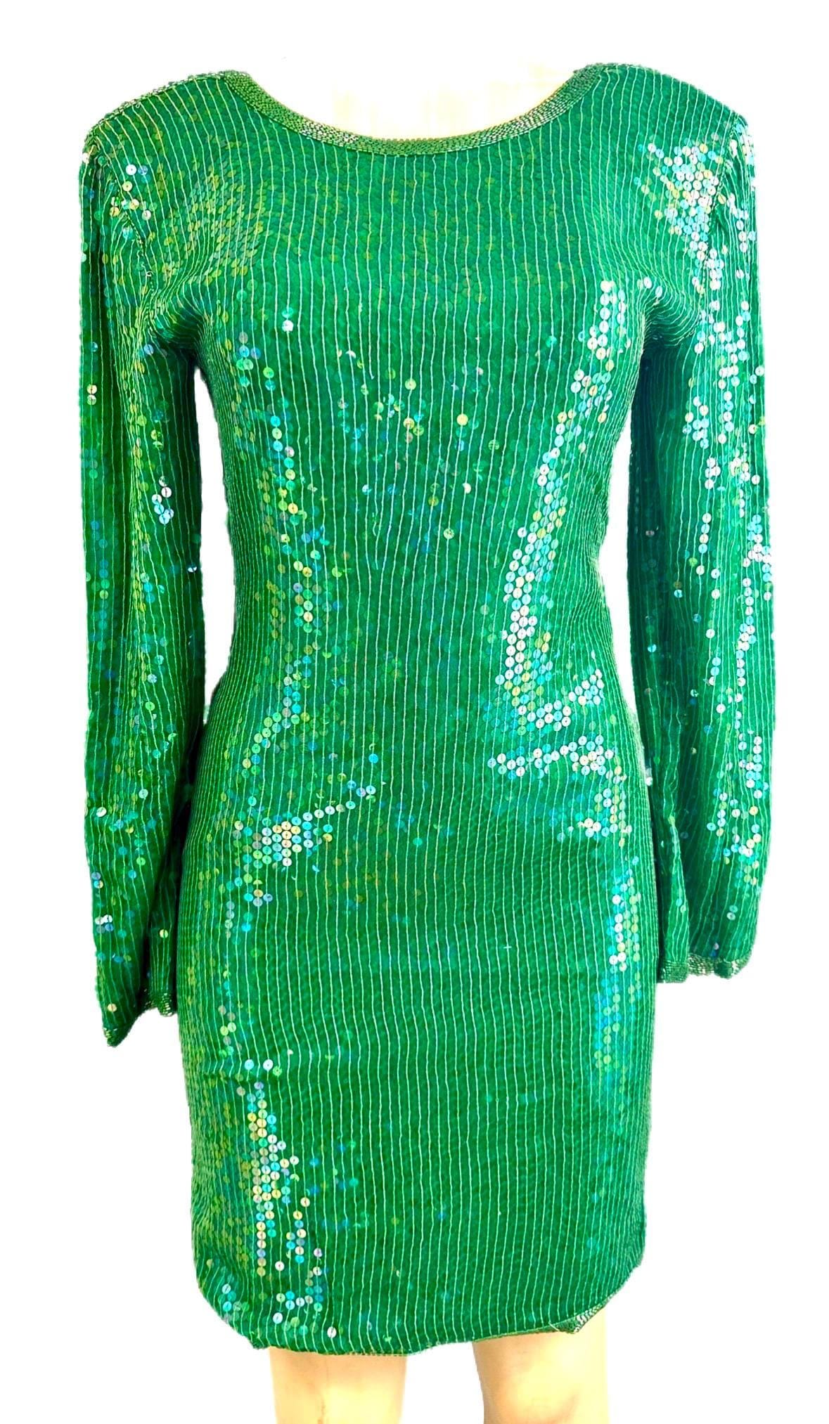 Emerald Green Sequin Midi Dress, Long Sleeve Sparkly Cocktail Party Outfit