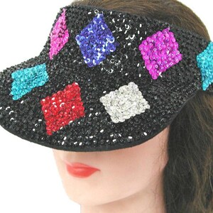 Sequin Sun Visor Black with Color Diamonds, Sparkly Summer Hat, Festival Beach Accessory, Bling Headwear, Glam Gift