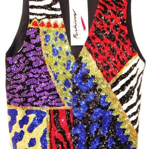Sequin Beaded Vest, Psychedelic Patchwork, Unisex 70s Rave Outfit, Festival Clubwear Layer