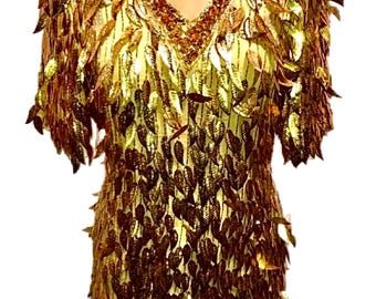 Vestido mini dorado con lentejuelas: atuendo de fiesta brillante, talla 2, totalmente forrado, manga corta