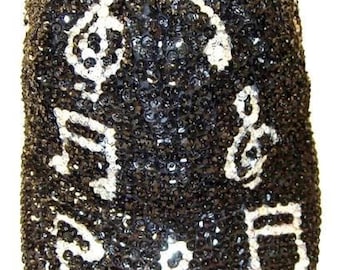 Sequined Cap Black Silver Music Notes Unisex Adjustable Hat for Adults