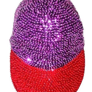 Gorra morada con lentejuelas y visera roja: Sombrero unisex para adultos, sombrero brillante para fiestas.