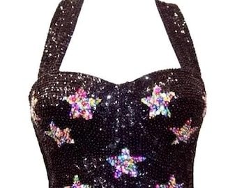 Sequin Halter Top Black Mesh, Multi-Color Star Embellishments, Festival