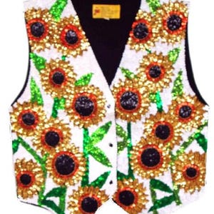 Sunflower Vest Sequin Beaded White Unisex, Retro Sunflower Beaded Festival Top, Coachella Vest, Dance Outfit Vest, Summer Vest