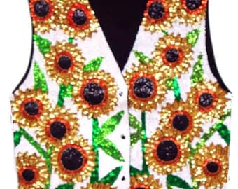Paillettenbesetzte Sonnenblumenweste, weiß, Unisex, Retro-Festival-Top mit Sonnenblumenmuster, Coachella-Weste, Tanzweste, Sommerweste