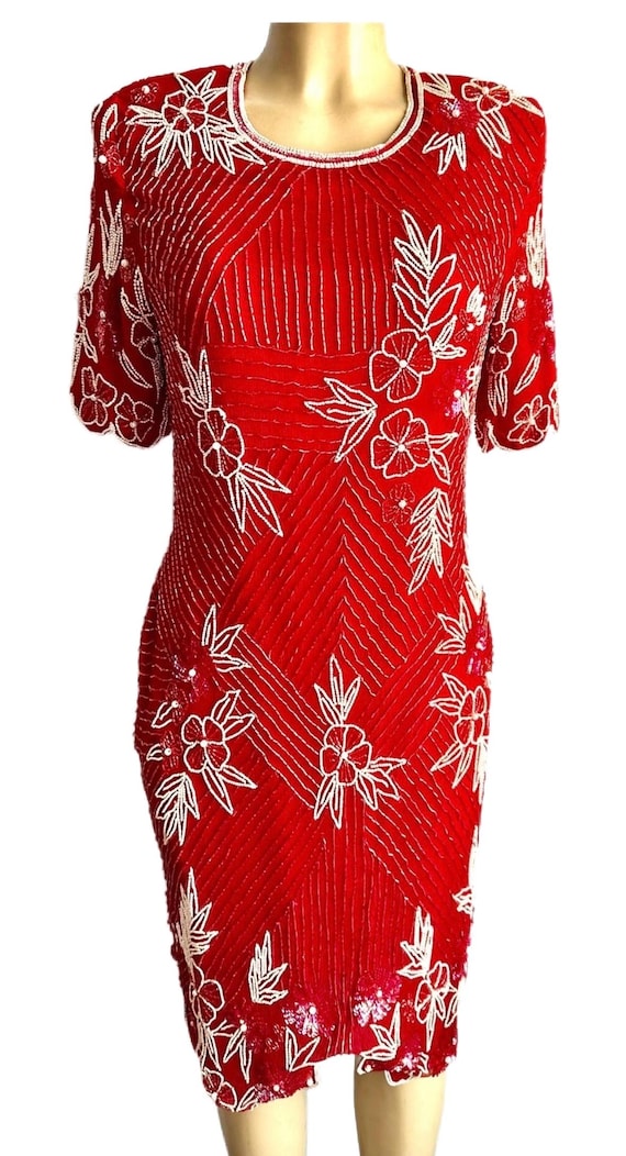 Sequined Beaded Dress Red & White - Etsy