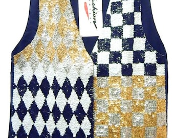 Sequin Beaded Vest, Checks & Diamonds, Retro Statement Top, Festival Rave Outfit, Size M