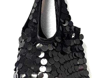 Sequin Crochet Handbag Purse Black Evening Clutch, Sparkly Party Bag, Handmade Gift for Women, Elegant Shoulder or Crossbody Accessory