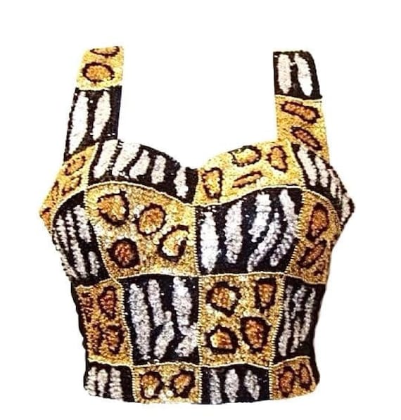 Sequin Bustier Top: Gold Tiger Leopard Print, Adj… - image 1