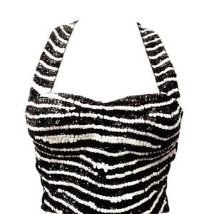 Sequin Bustier Halter Top: Zebra Print Faux Hide, Black White, Party Halter Top