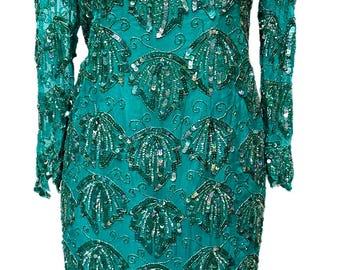 Sequined Dress Green Mermaid Gown, Sparkly Evening Party Outfit, Formal Prom Attire, Emerald Holiday Cocktail Fashion, Glamorous Gift