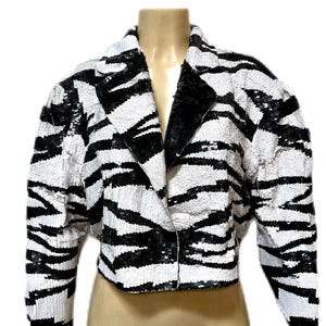 Sequin Bolero Jacket Zebra Stripe Black White Cropped Long Sleeve Women's
