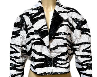 Sequin Bolero Jacket Zebra Stripe Black White Cropped Long Sleeve Women's