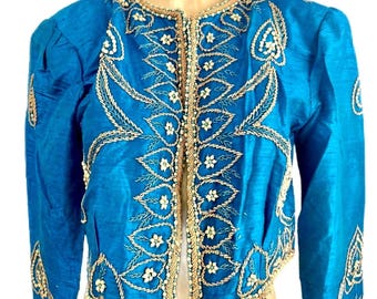 Vintage Turquoise Beaded Sequin Bolero Jacket, Formal Evening Cover Up Size 8