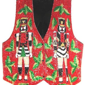 Sequin Beaded Vest Nutcrackers: Red Green White Beads, Adult Unisex, Festive Holiday Apparel