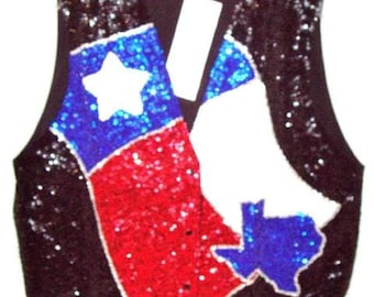 Chaleco de lentejuelas con la bandera y el mapa de Texas: Top unisex para adultos con diseño de mapa, estilo western, patriótico, ideal para el 4 de julio.
