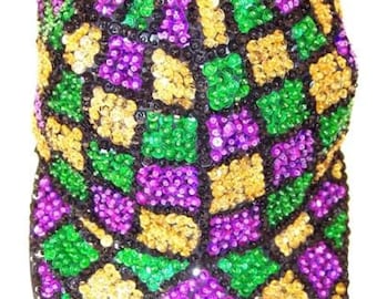 Casquette à paillettes Mardi Gras Square Design : couvre-chef ajustable unisexe pour adulte, or violet vert