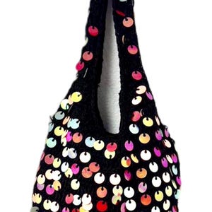 Sequin Crochet Handbag, Black Multi Sparkly Evening Bag, Boho Chic Festival Accessory
