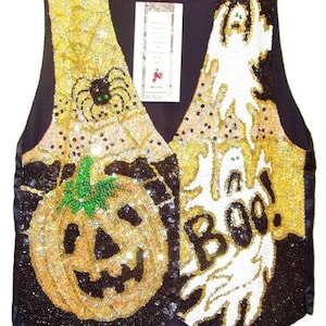 Chaleco de lentejuelas Boo para fiesta de Halloween, top unisex de lentejuelas espeluznantes, top divertido para adultos para Halloween, capa de disfraz de moda Talla S