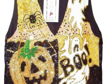 Paillettenweste „Boo“ für Halloween, Unisex-Paillettenoberteil, lustiges Halloween-Outfit für Erwachsene, trendiges Kostüm-Layering, Größe S