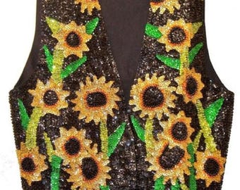 Zonnebloemvest kinderen pailletten kralen zwart, uniseks feesthesje, festivalvest, kunstzinnige kinderkleding zomer (past tot 10 jaar oud)