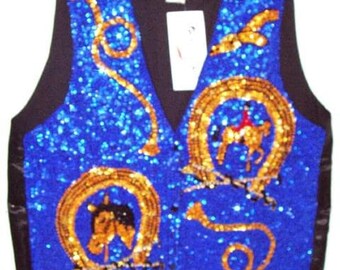 Sparkly Blue Sequin Horse Vest, Equestrian Western Show Rodeo Cowgirl Top