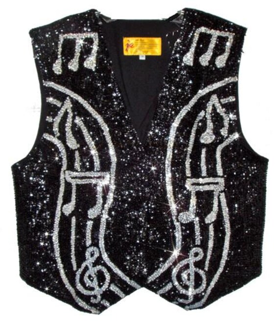 Sequin Beaded Vest Black With Silver Music Notes on Bar (kids