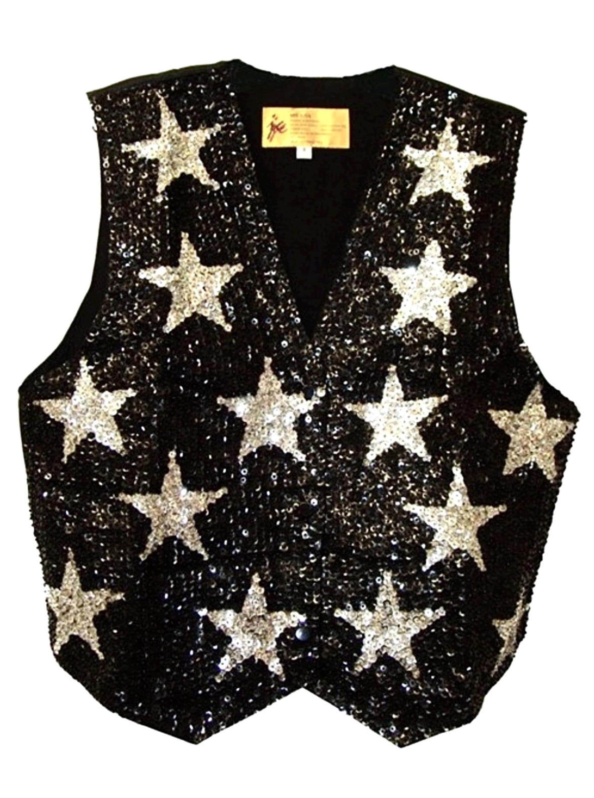Kids Sparkle Vest Rainbow Star, Sequin Black Silver, Child Costume Vest, Stage Wear for Kids, (size up to 10 year old kid)