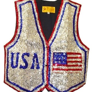 Sequin beaded USA vest for adults; unisex stage costume top with red/blue trim, 'USA' on left and American flag on right.