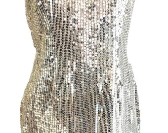 Sequin Silver Event Dress, Sparkly Bodycon Party Outfit, Glam Evening Clubwear, Holiday Prom Look, Shiny Night Out Fashion