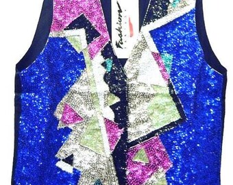 Feestvest met pailletten, retro jaren 80 vest, geometrisch paillettenvest in discostijl, opvallende kleurrijke top met pailletten, glamrock vintage festivaloutfit, maat S