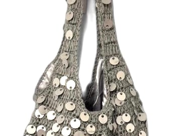 Sequin Crochet Shoulder Bag: Handmade Metallic Silver Evening Purse