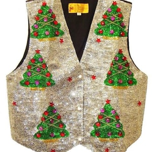 Gilet de Noël unisexe à sequins argentés et perles, style vintage, idéal pour les fêtes.