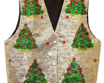 Festliche Weste für Erwachsene, Pailletten und Perlen, silberfarben, Unisex-Weihnachtsbaum-Perlenweste, glänzende Weihnachtsweste, Weste im Vintage-Stil, Unisex-Partyweste