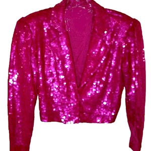 Fushia hot pink sequin-beaded blazer jacket, cropped fit with lapels and long sleeves, 3X size.