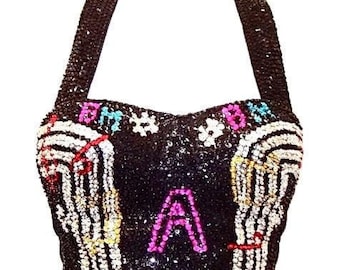 Haltertopje met lovertjes Zwart Polyester Kleurrijk Muzieknoten Bar Feest Festival