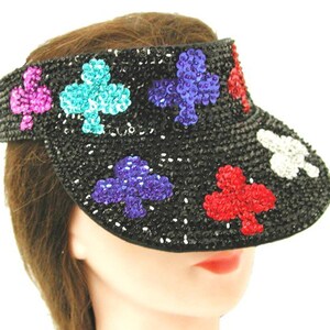 Hand-Sewn Sequin Sun Visor, Black with Multicolor Clubs, Festival Party Hat