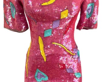 Sequin Dress Pink Multicolor Party Mini, Sparkly Cocktail Outfit, Colorful Birthday Clubwear, Summer Party Dress