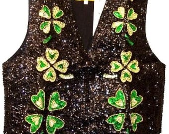 Schwarze Paillettenweste mit Kleeblattmuster, Unisex-Weste für Erwachsene, festliche Perlenweste, St. Patrick's Day-Outfit, irisches Festtags-Outfit